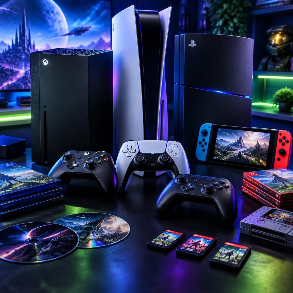 Consoles, controllers and games on a gaming desk