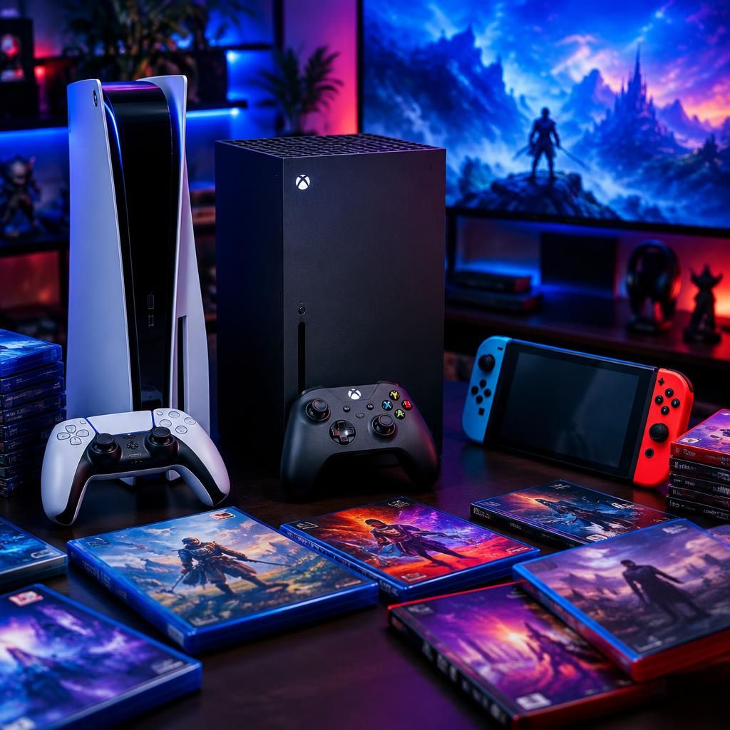 A stack of games beside a console and controller